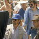 Spielberg on set with George Lucas, Kathleen Kennedy, and Harrison Ford for The Last Crusade.